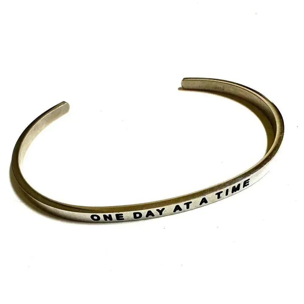 Mantraband one day at a time silver tone open cuff bracelet